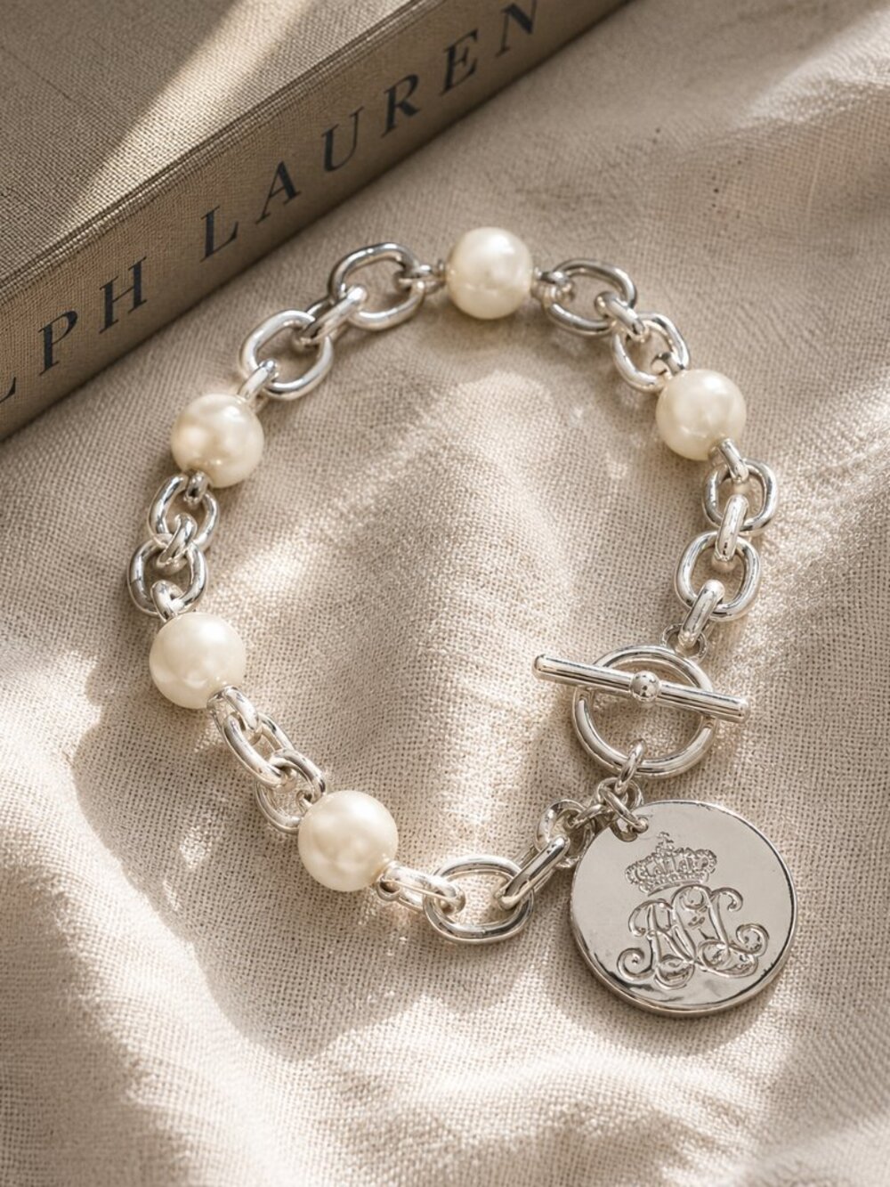 Ralph Lauren Pearl Toggle Bracelet Silver Tone Logo Disc Charm 8"